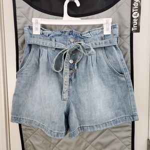 High Waisted Denim Paperbag Shorts